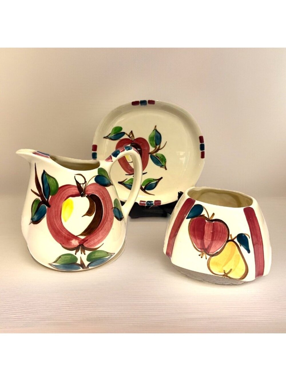 Vintage Puritan Slipware  Pitcher, Dip Jar Canister, & Plate Apple Pear 1940s
